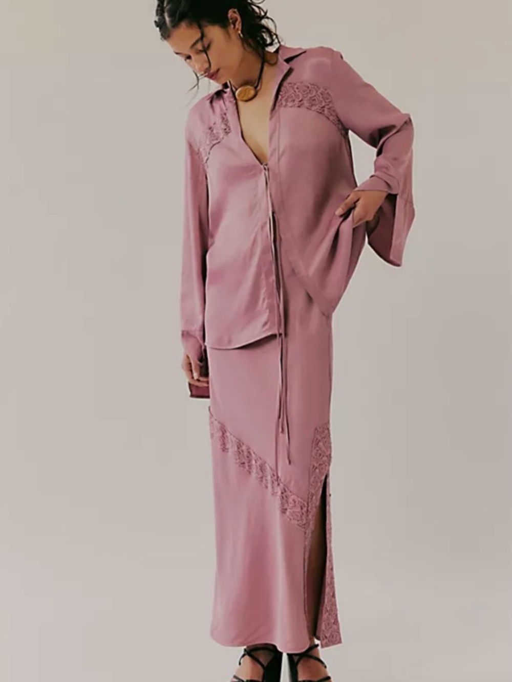 Free People Mauve Lace-Trim Skirt Set